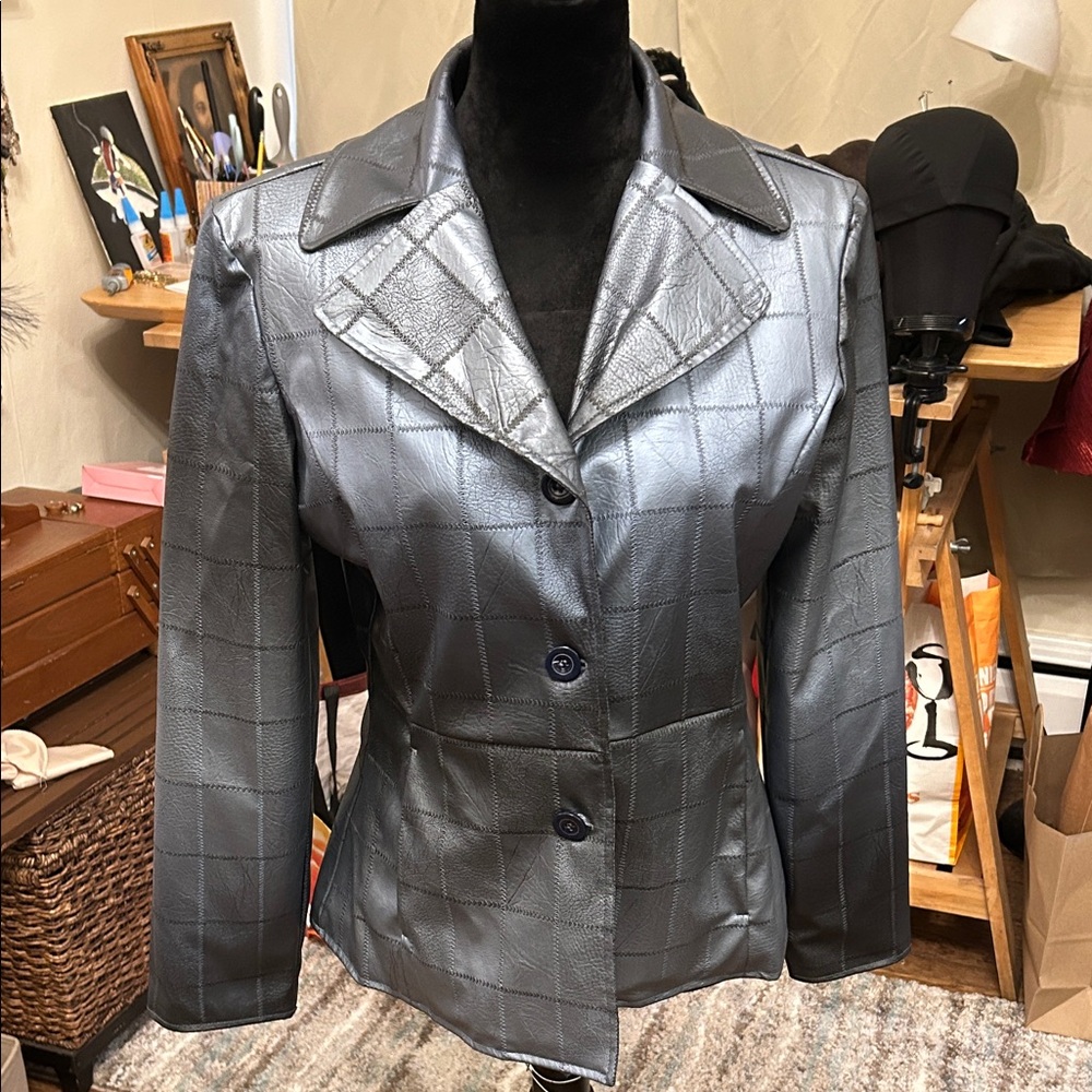 Womens Grey-Silver Quilted Leather Blazer Jacket